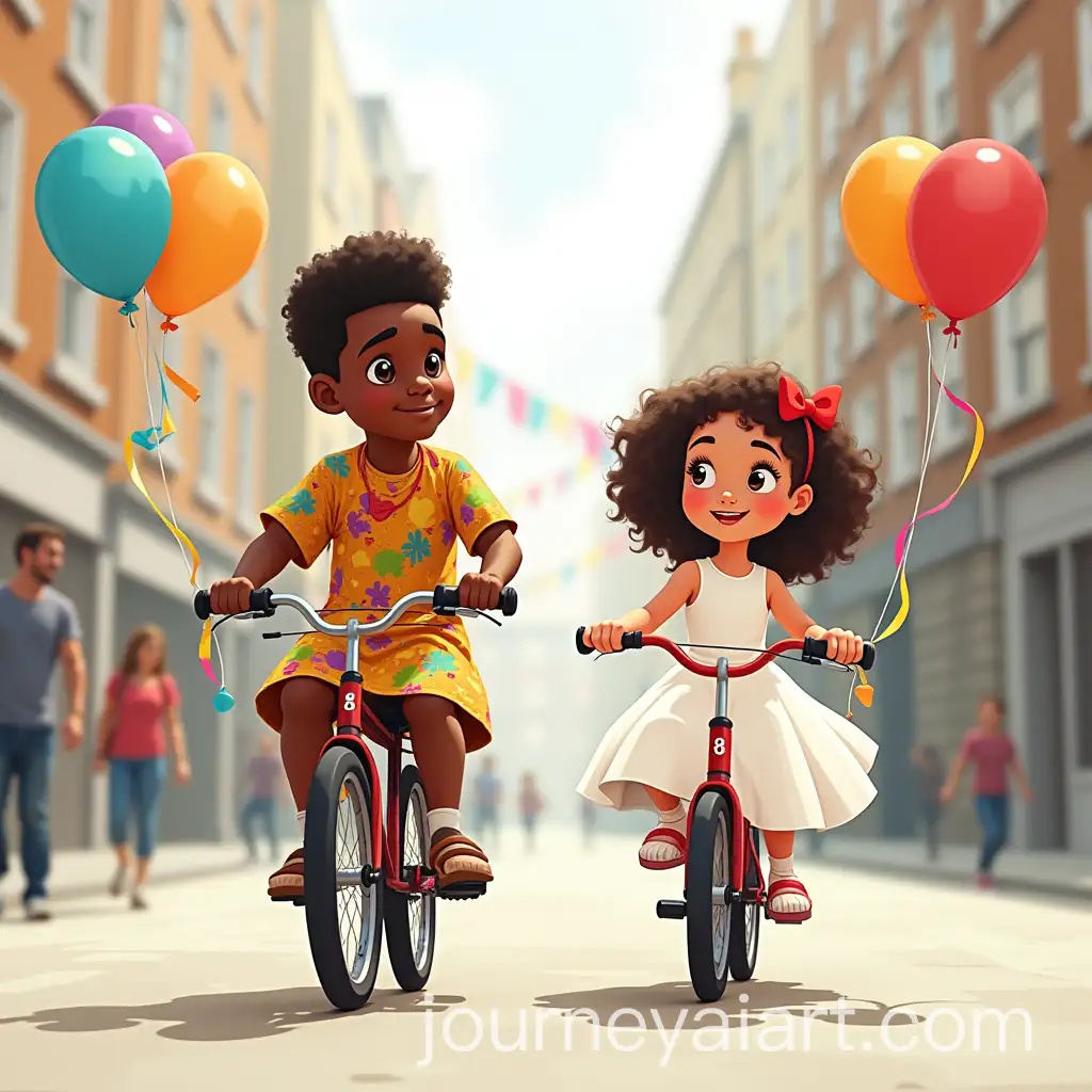 Two-8YearOlds-Riding-Bicycles-in-London-with-Balloons-and-Streamers