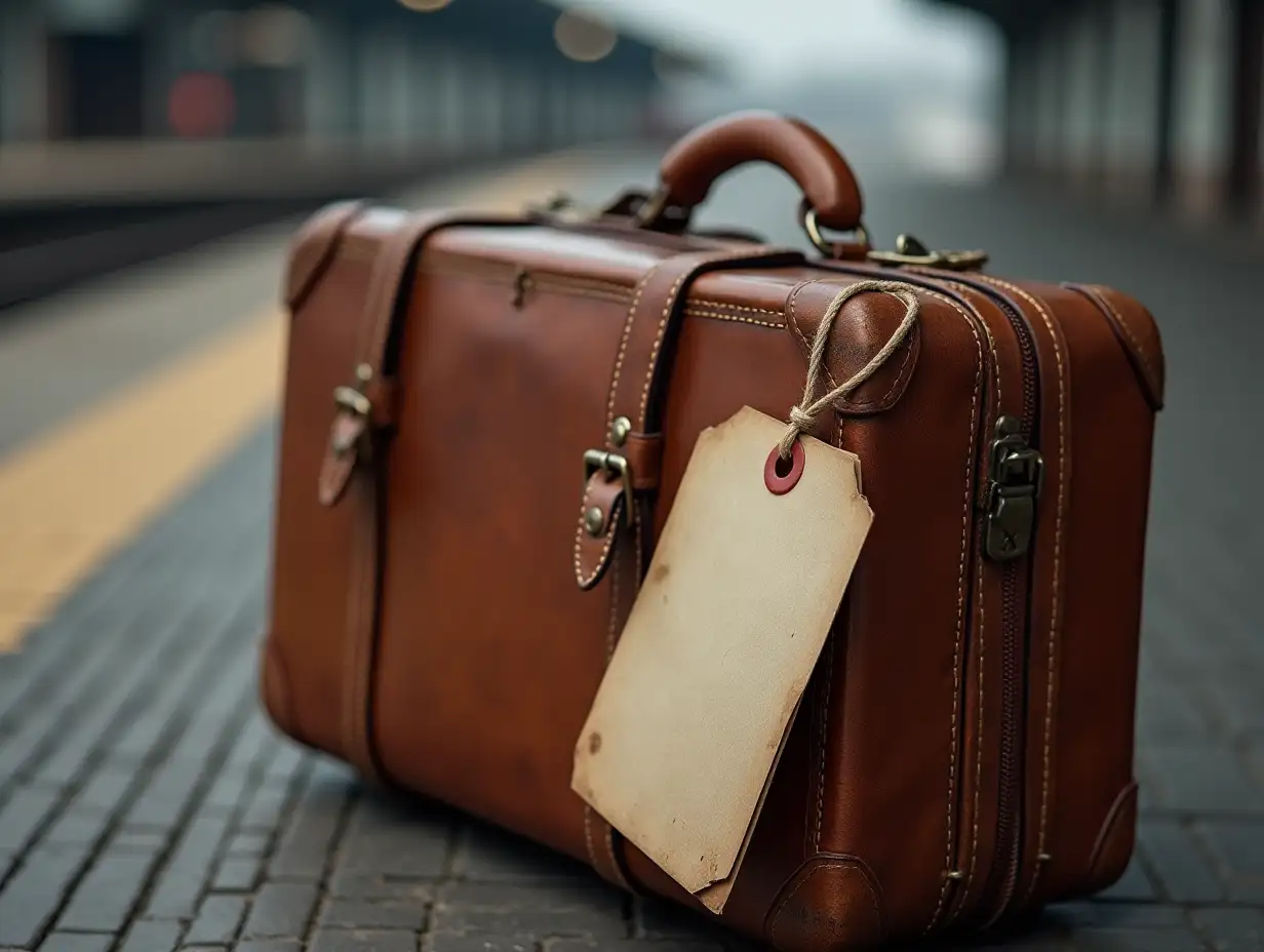 A leather suitcase left on the railway station, there is a paper tag on the suitcase