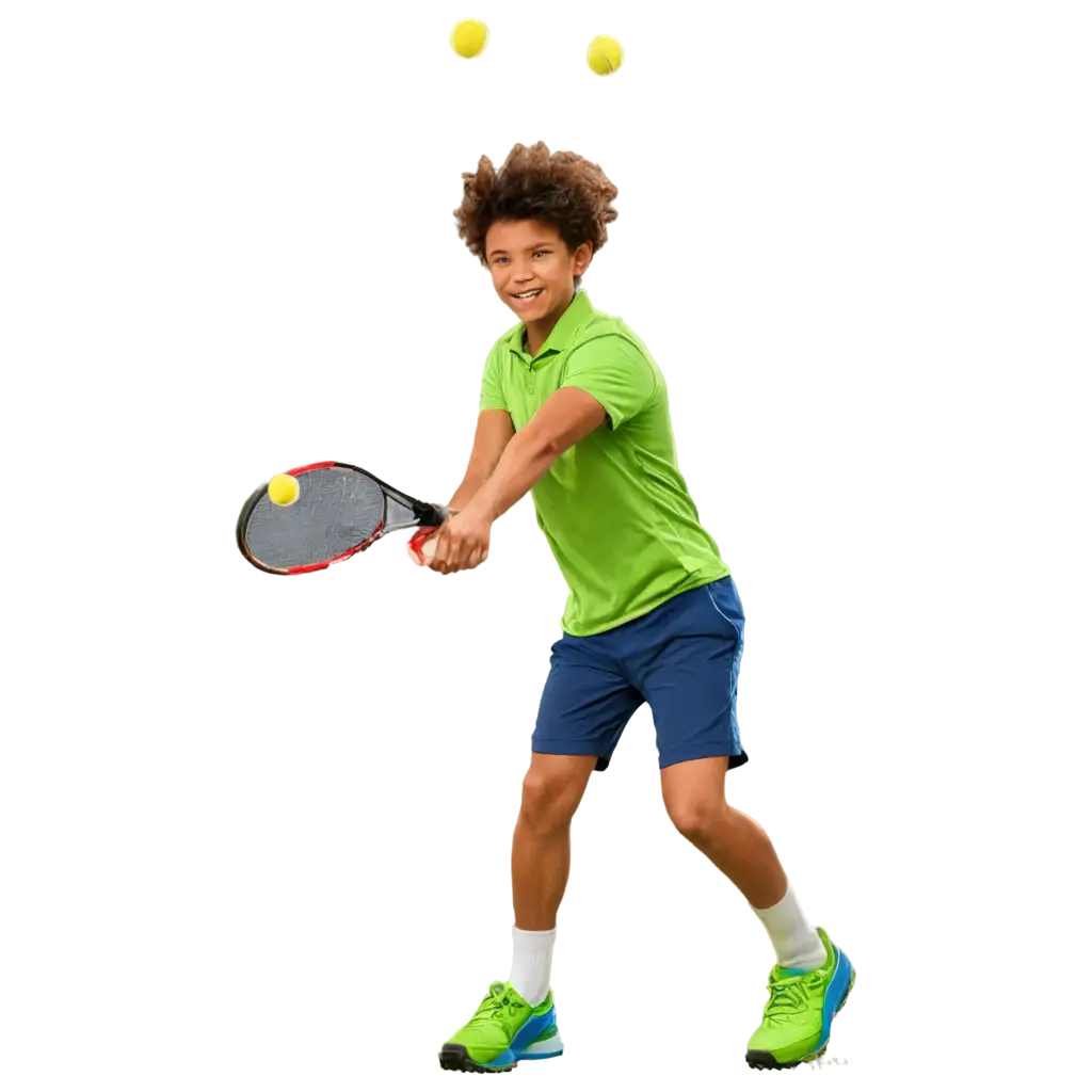 I want to create a series of pictures to teach the French vocabulary of sport. Create the 1st picture of a young man playing tennis