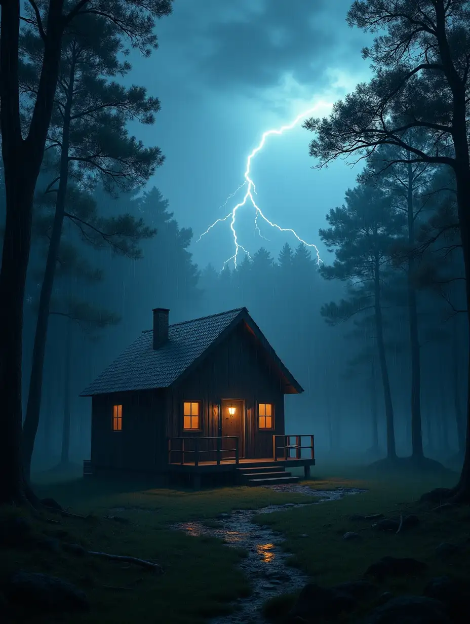 The cabin surrounded by a violent storm, with rain pouring down and lightning illuminating the sky. The trees sway violently, and the wind howls through the forest, adding to the ominous atmosphere.