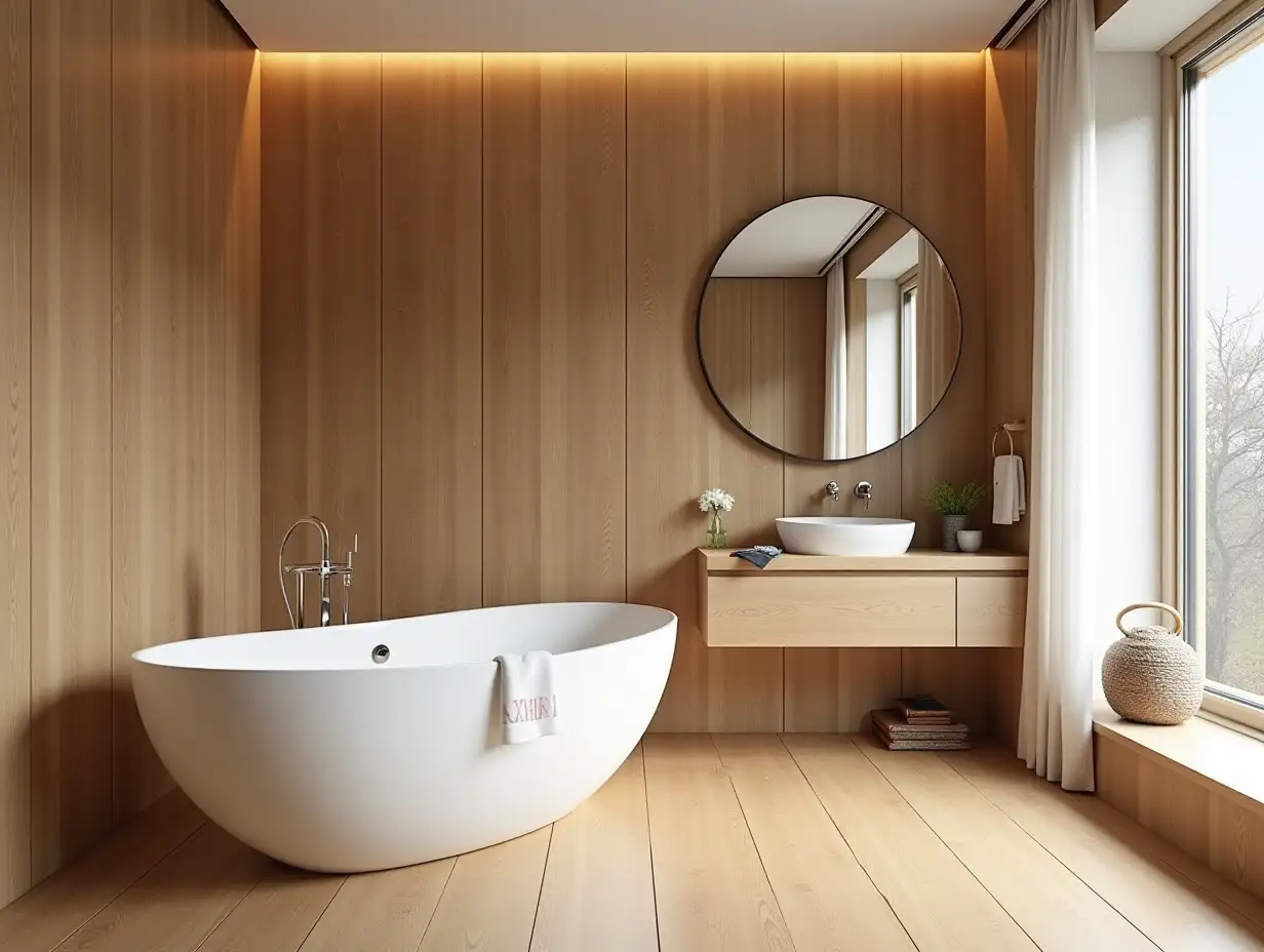 It features oak wood floors and walls, a bathtub, a mirror and a sink, in an elegant Scandinavian style decor.