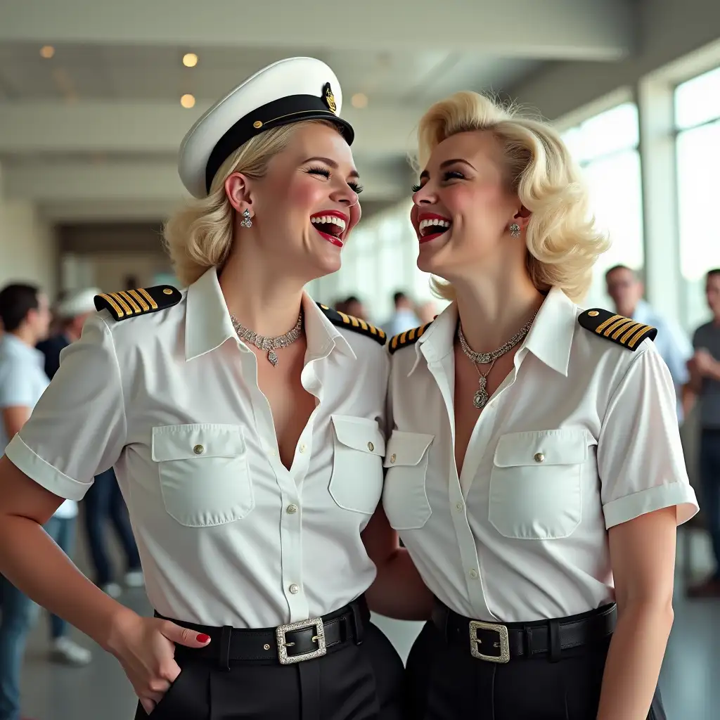 two white curvy pilot ladies, Marilyn Monroe face, in white unbuttoned pilot shirt, laughing with her mouth open, red lipstick accentuating her smile,belt on waist, big wide hips, chest are fully grown, jewerly, short hair, HD, enjoing at airport , photo-realism