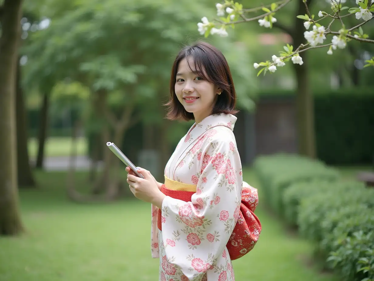 A person in a garden using a yukata.