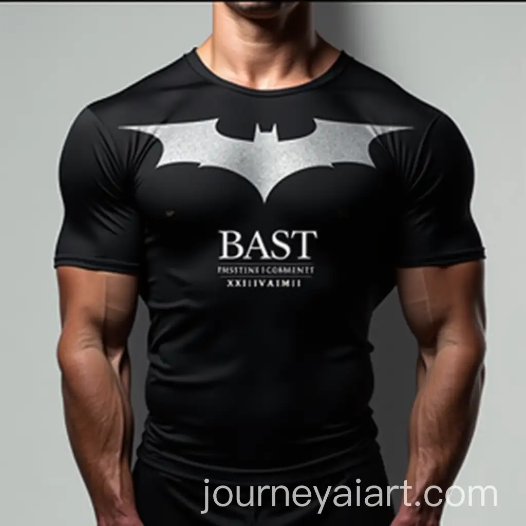 Muscular-Male-Model-WearingAI-Art-Prompt-Expansion-Black-Compression-Athletic-TShirt-with-Batman-Logo-and-BAST-Design