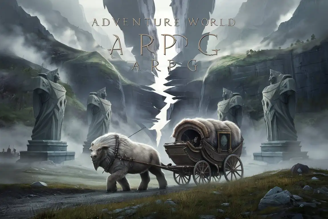 Adventure Fantasy World ARPG Video Game Cover Art Misty Highlands and Dwarven Carriage Transport