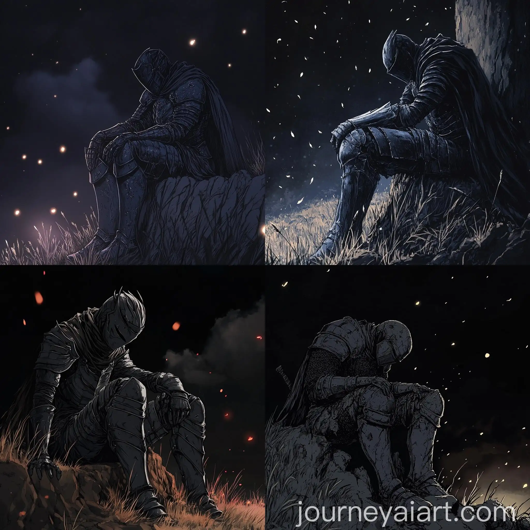 Sad-Knight-in-Black-Armor-on-Cliff-Edge-at-Night