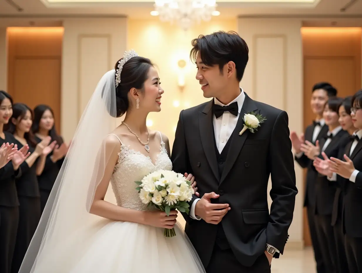 Create an image of a Korean bride and groom at their wedding ceremony. The scene is set in a bright, elegant wedding hall. The bride is wearing a beautiful white wedding dress with a veil, and the groom is in a sharp black tuxedo with a boutonnière. They are standing together, looking at each other with happy smiles. Surrounding them are guests applauding. The atmosphere is joyous and celebratory.