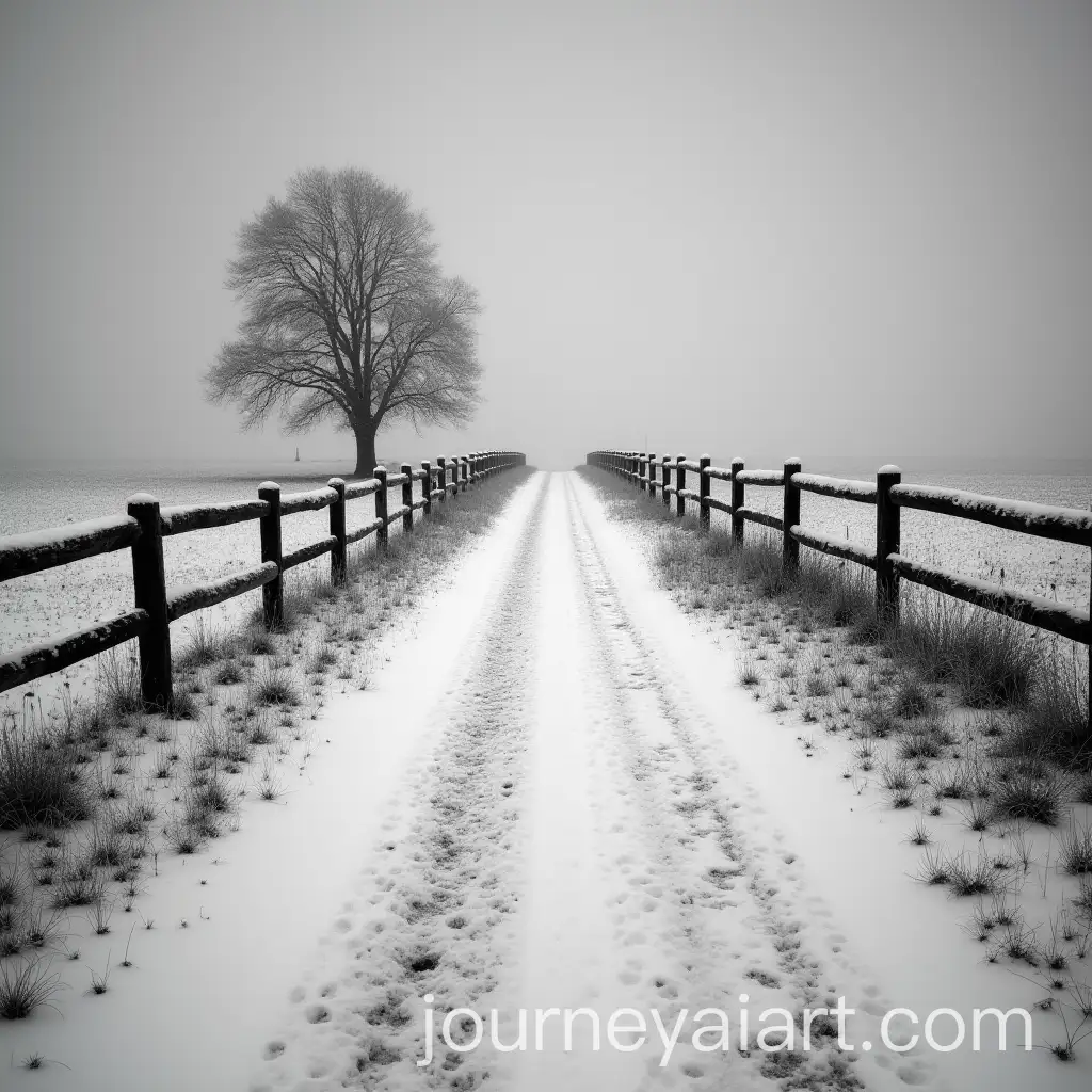 Black-and-White-Snowy-Road-with-Wooden-Fence-and-Tree-Long-Exposure-Photograph