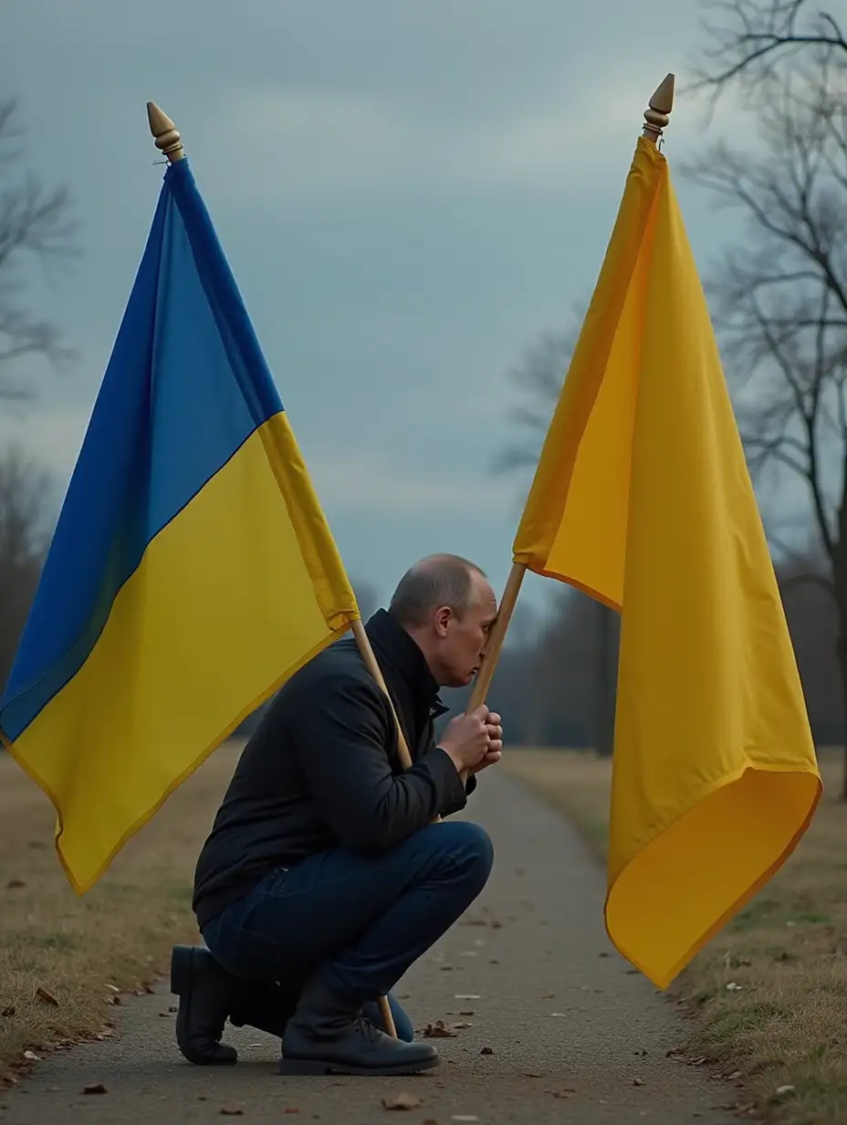 Putin kneels and kisses the Ukrainian flag