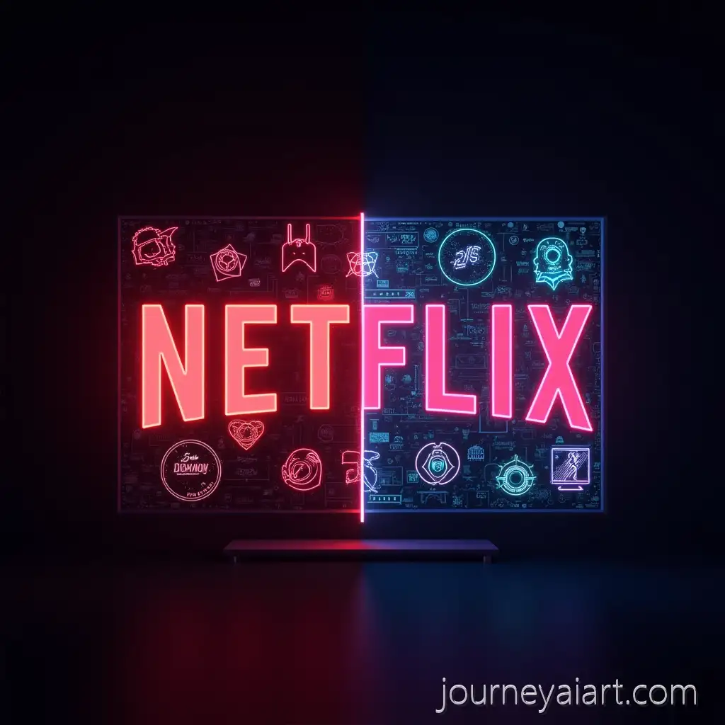 Futuristic-Digital-Split-of-Netflix-Neon-Logo-and-IPTV-Hologram-with-Sports-and-Movie-Icons