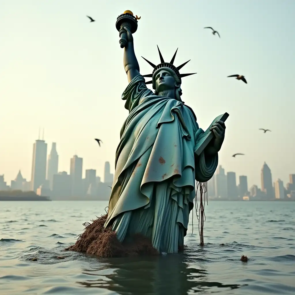 Rusty-Statue-of-Liberty-Leaning-Back-in-Submerged-Cityscape-at-Sunset