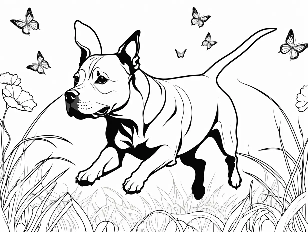 Staffy-Dog-Chasing-Butterflies-Coloring-Page