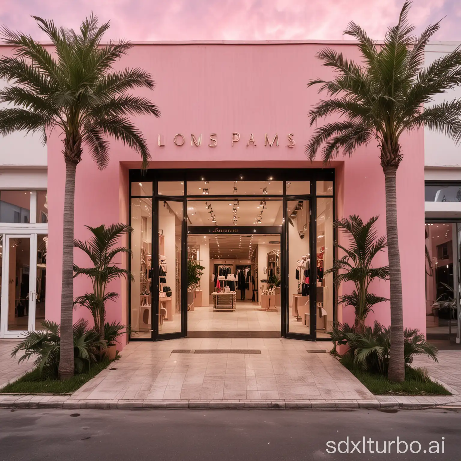 outdoor entrance of the modern high fashion  designer handbags and shoes boutique. Modern building in classic style, with pink sky and tall palms outdoors