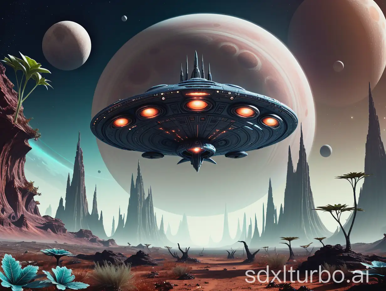 A spaceship hovering above an alien planet with two moons in the sky and strange vegetation below.