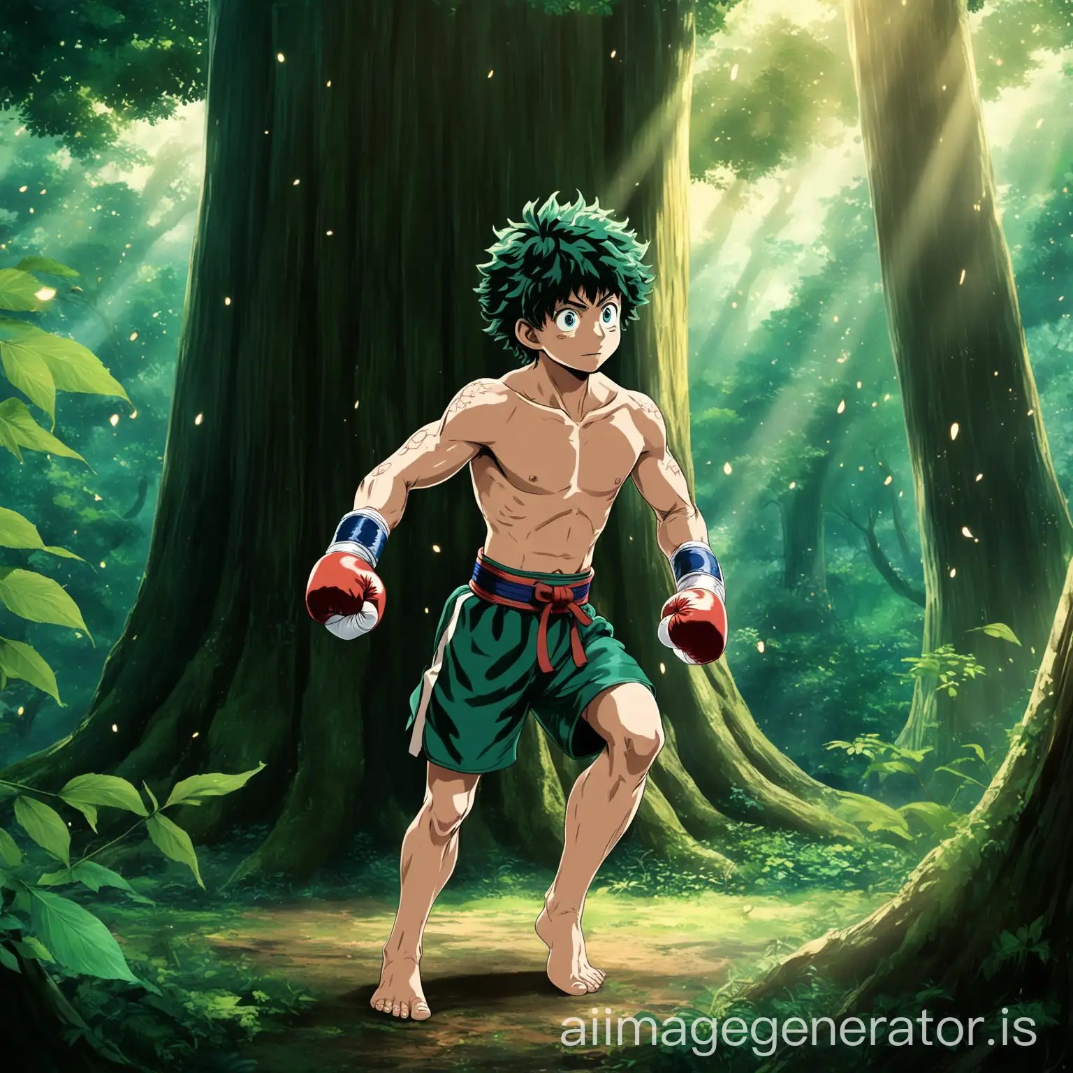 Deku-in-Traditional-Muay-Thai-Attire-Amidst-Enchanting-Forest