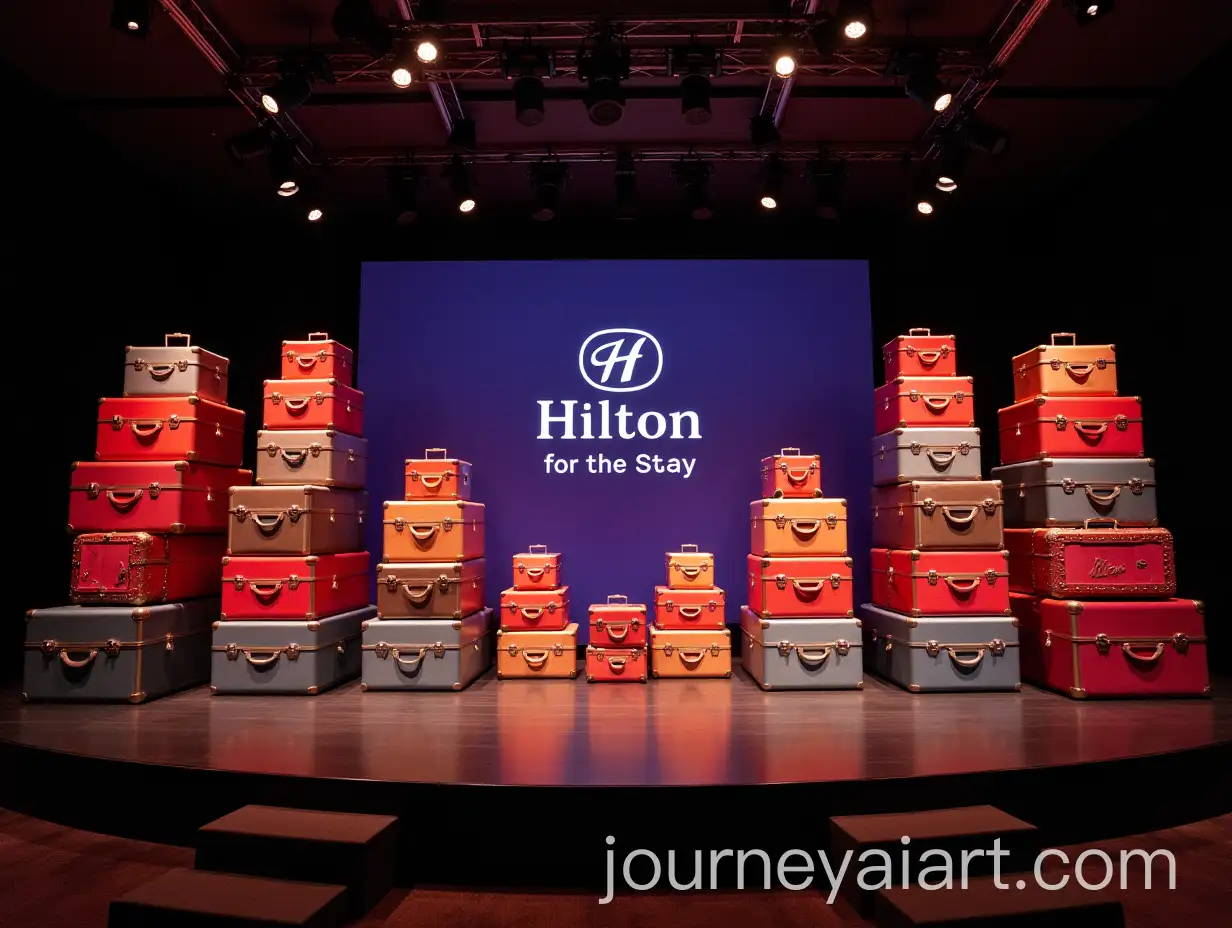 Giant-Stacked-Luggage-Stage-Design-for-Cocktail-Event-with-LED-Hilton-Logo