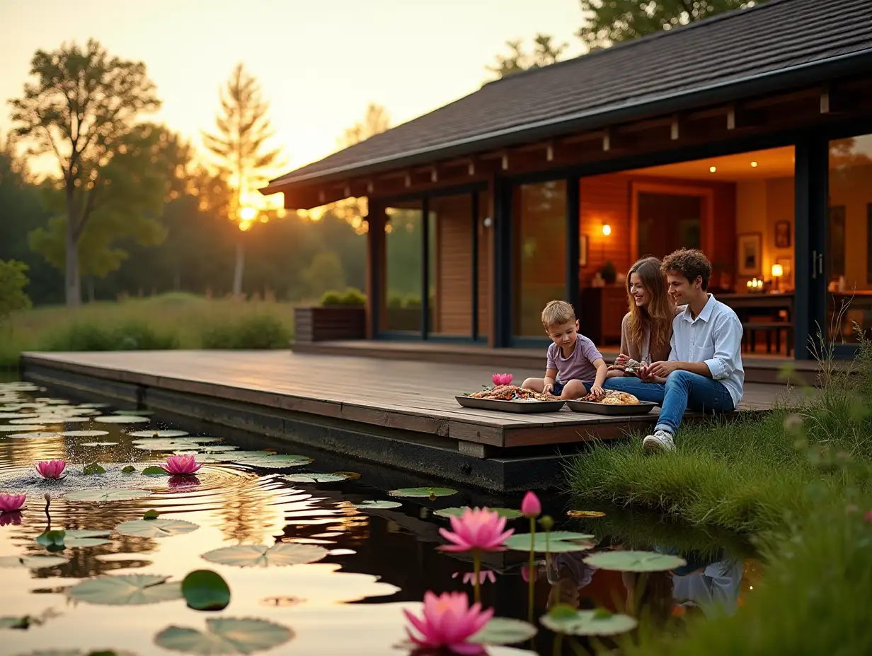 a boy and a girl with their son are sitting very close to us on a wooden terrace made of expensive wood painted in mahogany color, they are sitting at a minimalistic wooden table and eating grilled fish, it's clearly visible that they have fish on their plates, they are all happy and communicating, this terrace is located on a grassy bank which is also in the frame, and 10 meters from the terrace there is a pond with very clear water, and there are many pink big and small water lilies and their green leaves floating on the surface of the pond, they are all happy, a one-story log cabin with a two-sloped roof is nearby, the walls of the house are made of a truss frame system and are entirely composed of panoramic windows from floor to ceiling occupying the entire space between the truss frame system, a fish has jumped out of the water creating splashes, sunset and sunset lighting, many ripples and glares on the water, there is a reflection of the log cabin with panoramic windows in the water