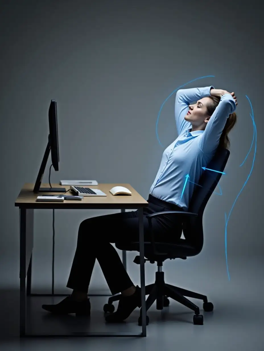 A person sitting at a desk, leaning back with arms overhead, surrounded by light motion lines showing stretch zones.