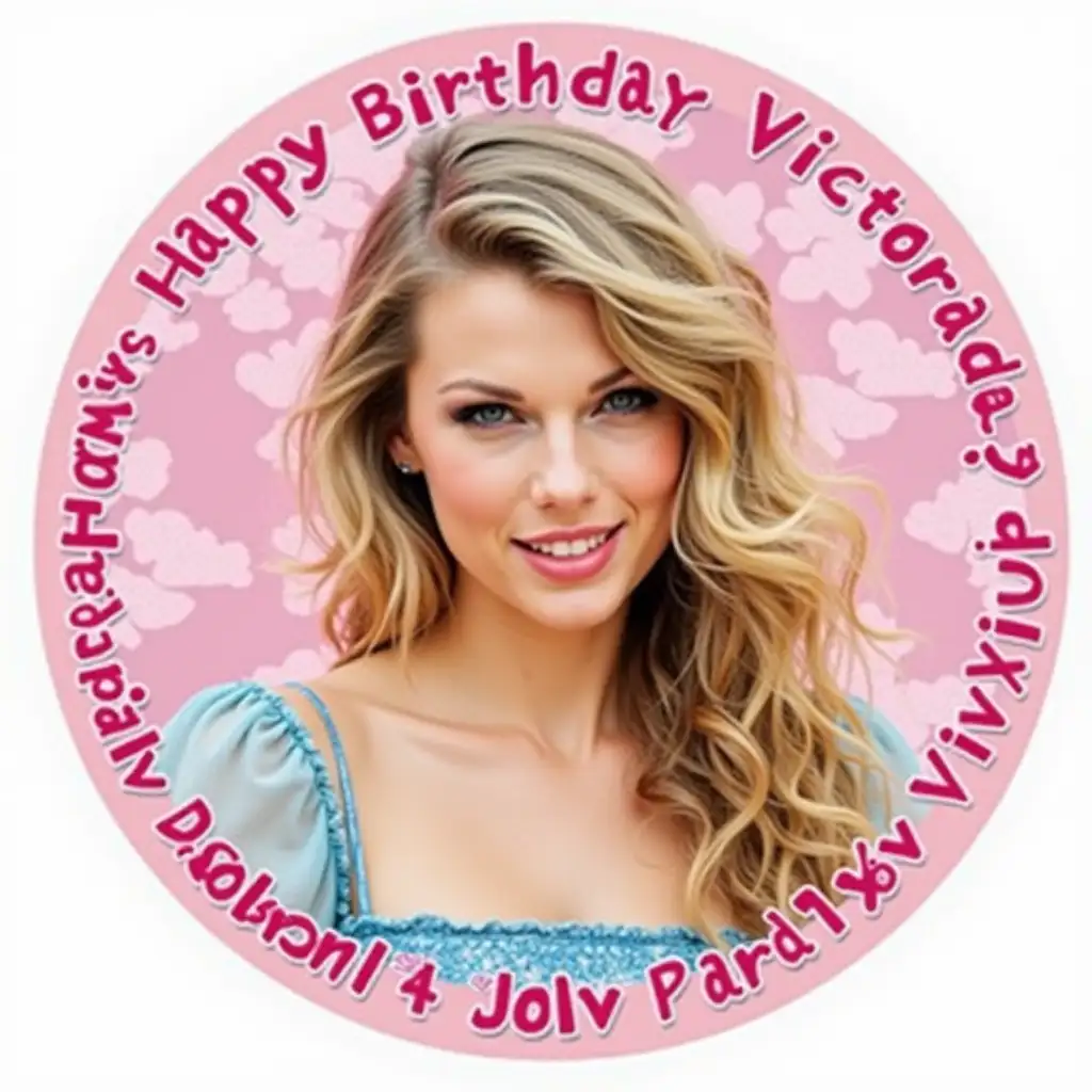 a colorful round sticker of Taylor Swift with the text 'Happy Birthday Victoria'