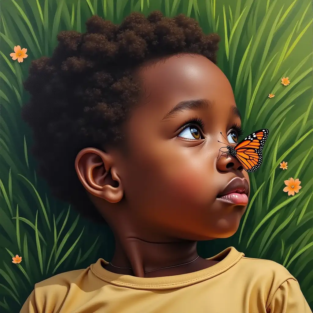 African American Boy with Butterfly on Nose in Oil Painting