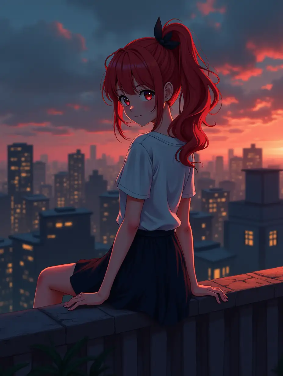 wonderful redhead girl, wavy hair, ponytail, sitting on edge of rooftop, darkwave, anime painting