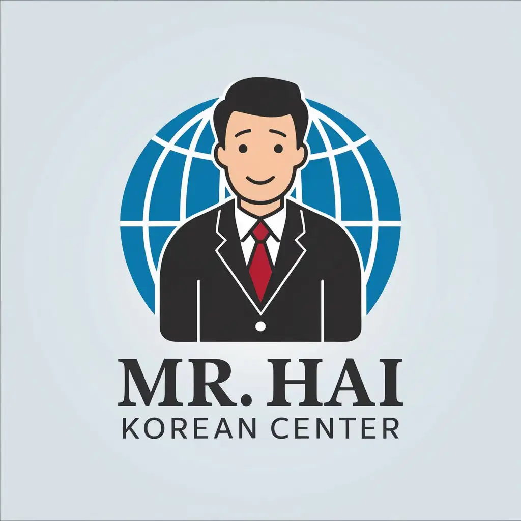 LOGO-Design-For-Mr-Hai-Korean-Center-Teacher-in-Suit-with-Blue-Globe-Theme