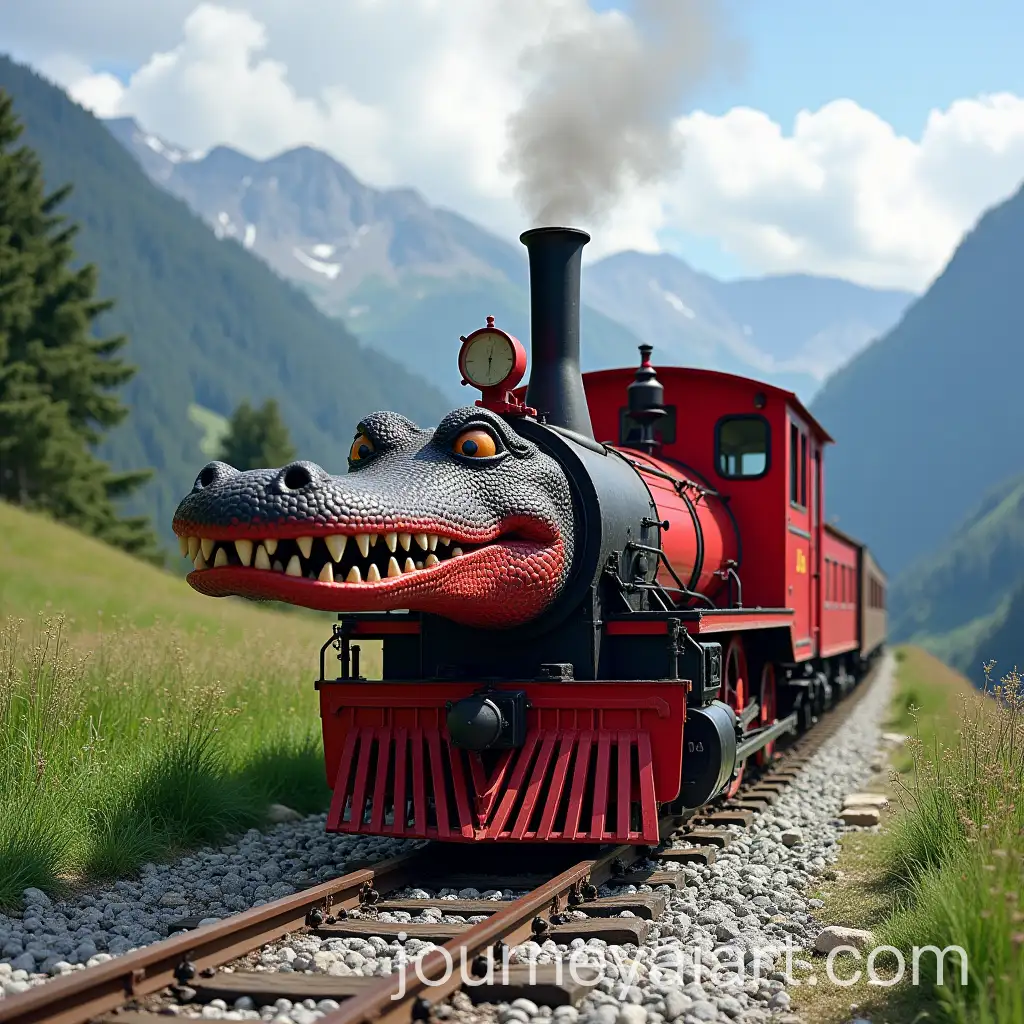 Red-Crocodile-Locomotive-in-the-Swiss-Mountains-with-Female-Driver