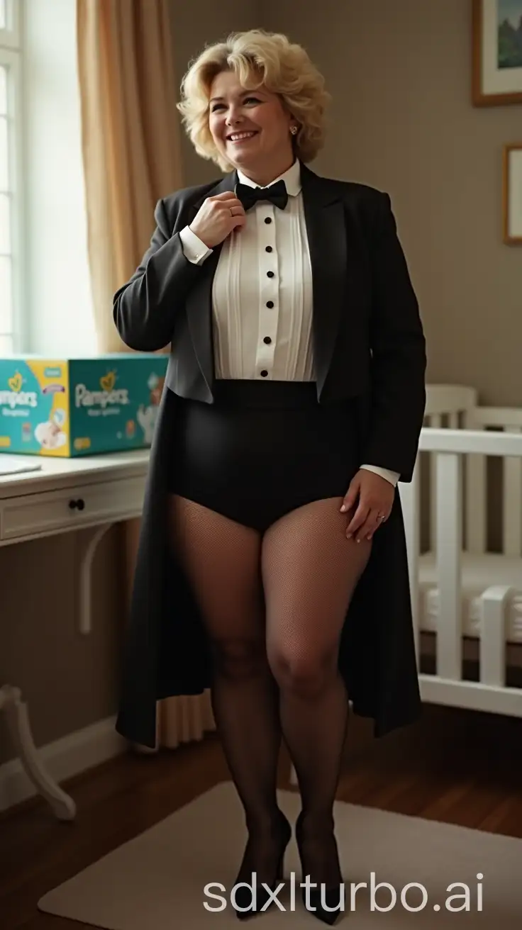 Caucasian-Woman-in-Formal-Tuxedo-Adjusting-Bow-Tie-in-Nursery-Setting