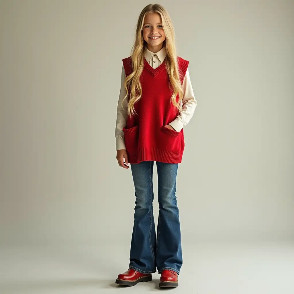 Fashionable 17YearOld College Girl in Red Oversized Sweater Vest and Platform Shoes