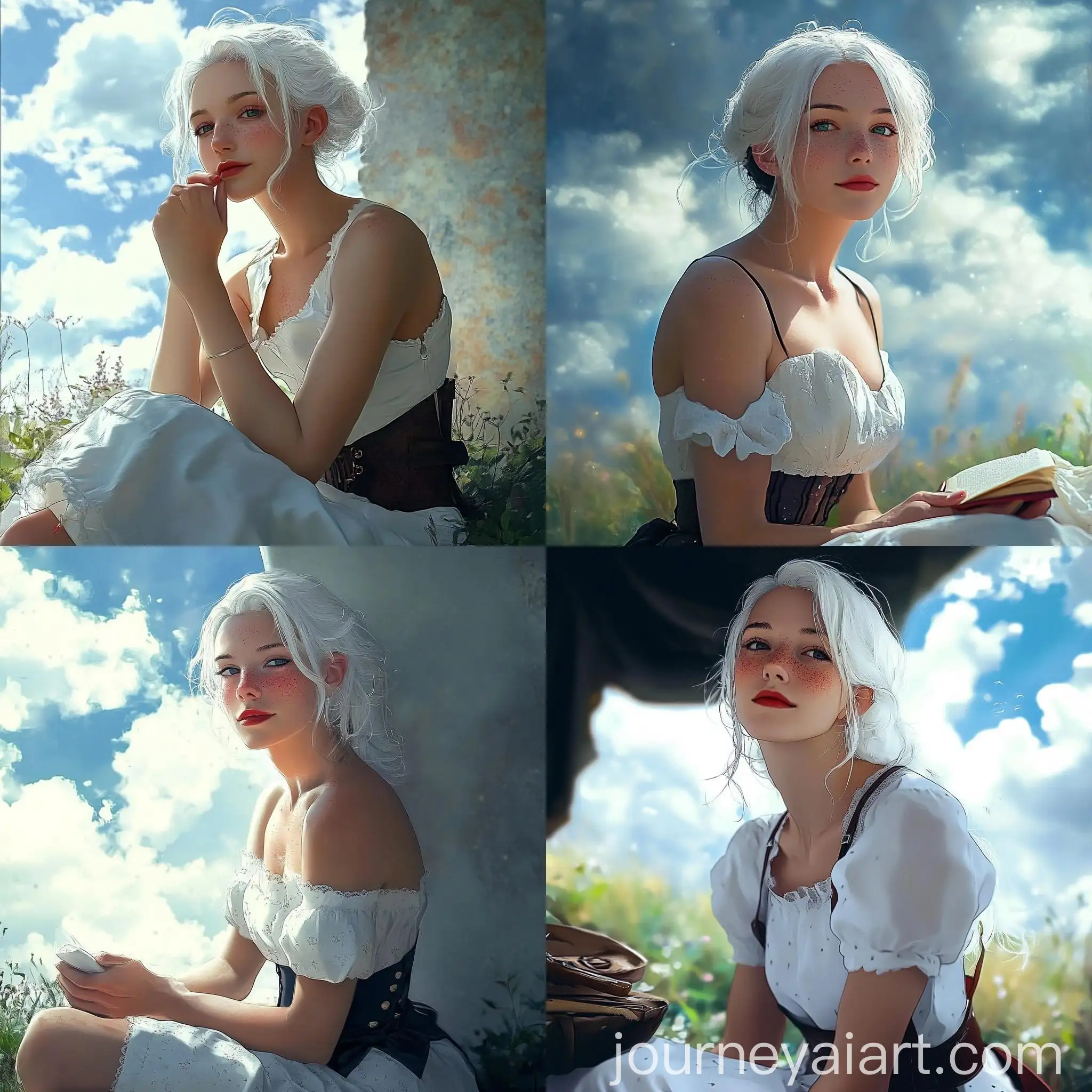 Girl-with-White-Hair-and-Heterochromia-Eyes-in-White-Dress-and-Corset