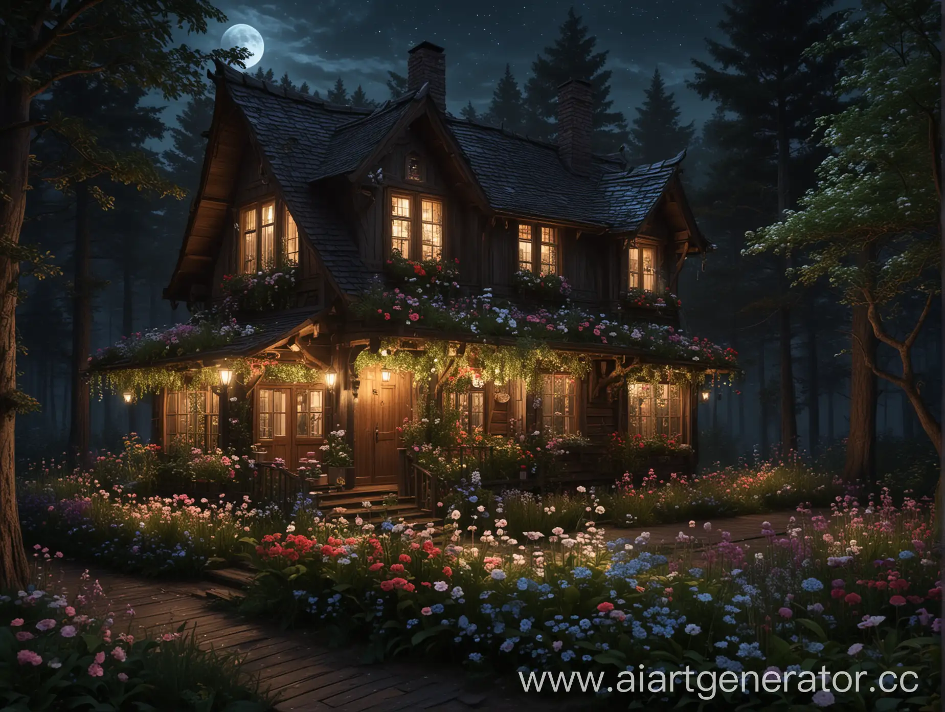 Enchanted-Forest-at-Night-with-Wooden-House-and-Flowers