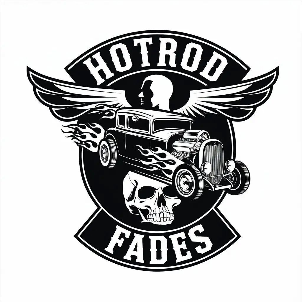 LOGO Design for HOTROD FADES AutomotiveInspired Barber Shop with Hot Rod Text Wings and Head Silhouette