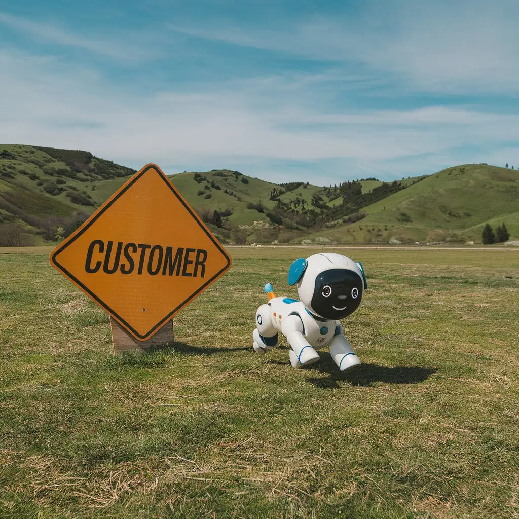 Robot-Dog-Running-on-Grassland-with-Customer-Sign