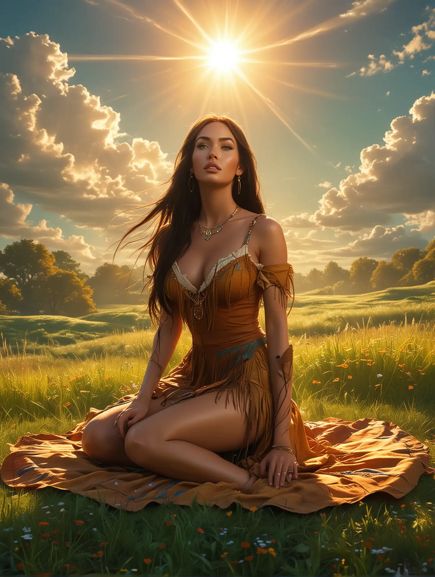 Surreal semi realism anime style of Megan Fox was cosplaying as Pocahontas sitting majesticaly on meadows field, bright sky with a amazing of raytacing line of sunshine background, masterpiece art, unusual art. Her presence emanates an aura of power and mysterious, perfectly capturing the essence of an epic fantasy scene, vibrant, amazing raytracing light, colorful natural shape