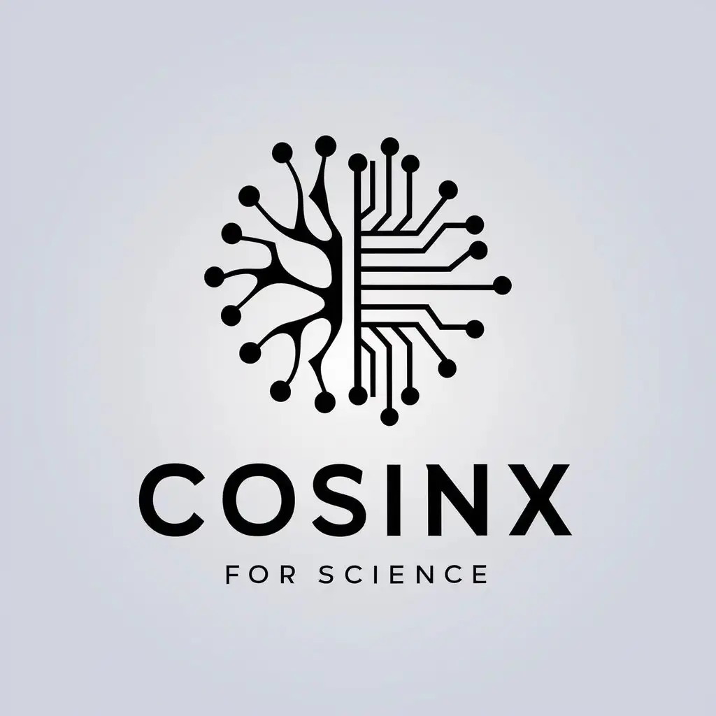 a vector logo design,with the text "cosinx", main symbol:AI for Science. It is a combination of human neuron and  silicon circuits,Minimalistic,be used in Technology industry,clear background