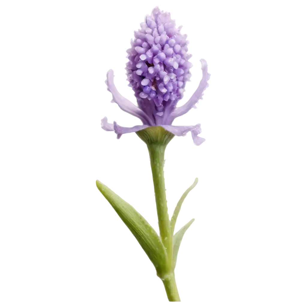 A highly detailed macro shot of a dewdrop-covered lavender flower, with sharp focus on its velvety petals and vibrant colors. The image is isolated on a transparent background, ensuring a clean cutout. Soft lighting enhances the details, making it one of the most beautiful floral images ever.