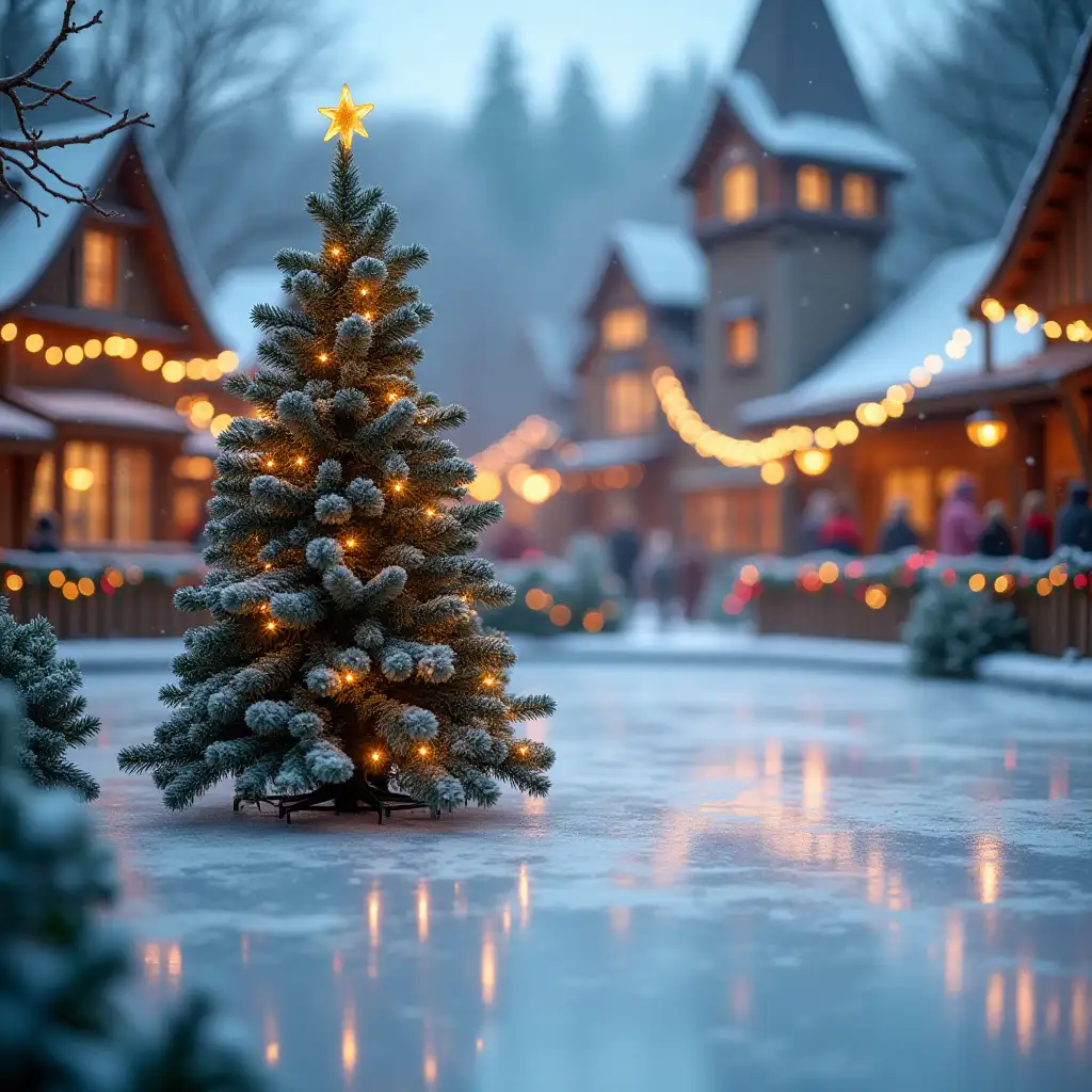 Ice rink with a Christmas tree in a fairy tale village with multicolored garlands, surrounded by a decorated fence, blurred background