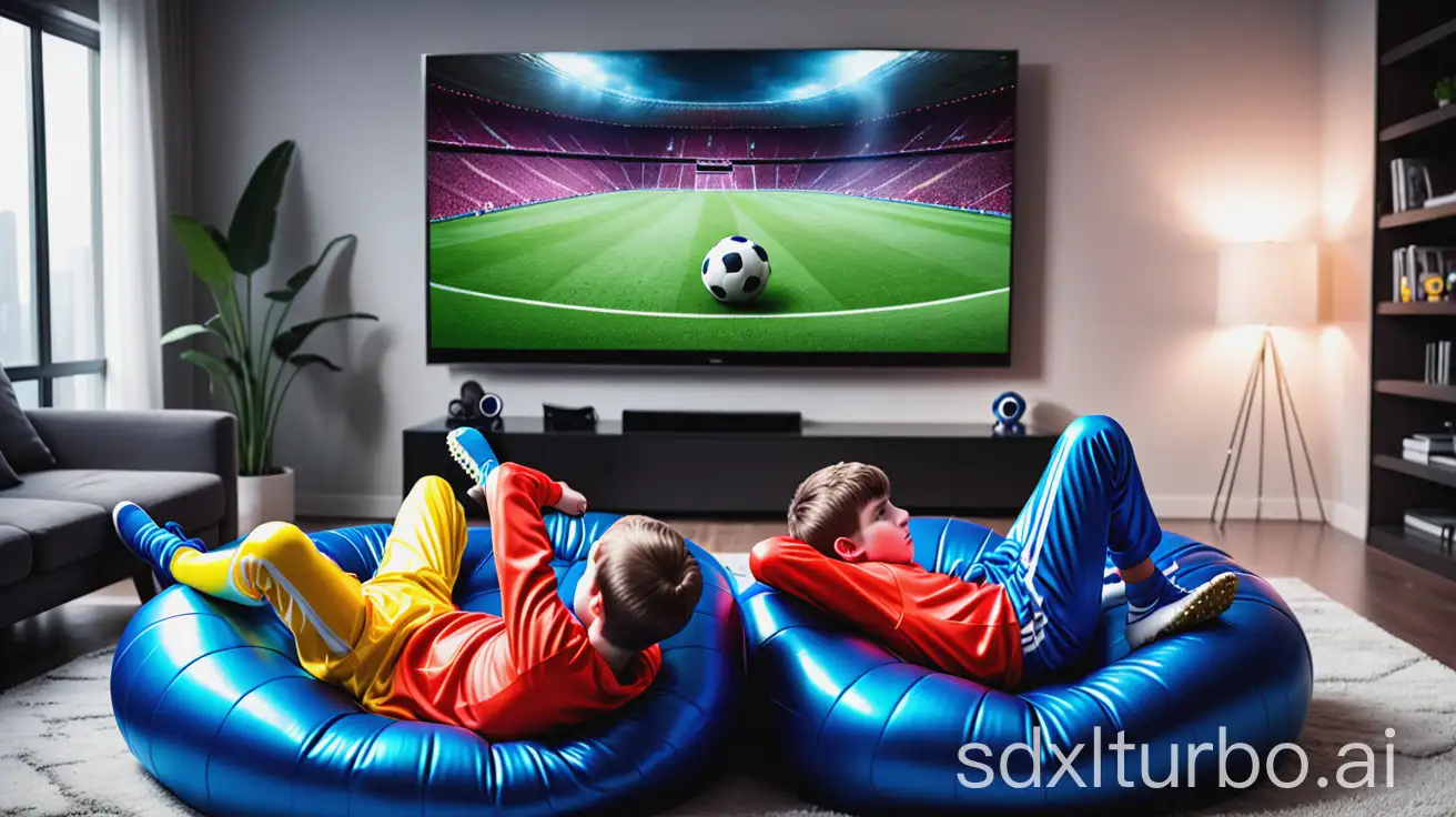 two teen boys lying on large cushions in a huge living room, watching soccer on a very large TV, dressed in tight footed onepiece suits made out of colorful and shiny rubber