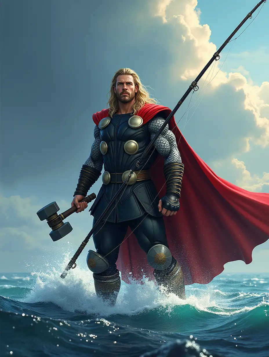 Thor the god of thunder from Marvel on fishing, with fishing rod in one hand and hammer in the other