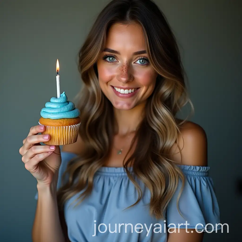 Smiling-30YearOld-Woman-Holding-Muffin-with-Blue-Icing-and-Candle
