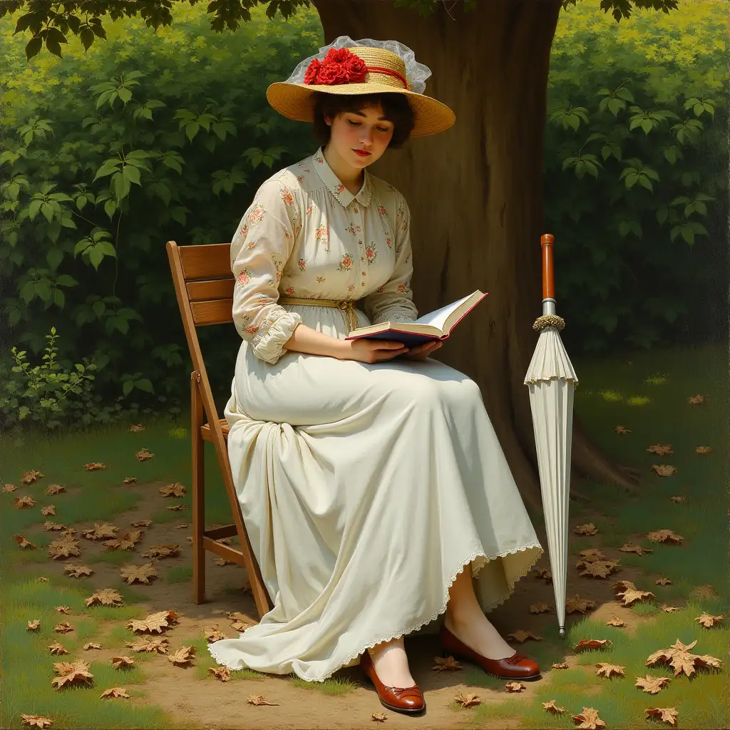 a garden, a woman placed face forward, wearing a long white dress, a long-sleeved blouse with flowery printed voile, closed collar, a wide straw hat in the shape of a wave with red flowers on a bouquet on top surrounded by a white veil tissue, she is sitting with her legs crossed on a folding chair near a tree with a smooth brown trunk, she reads a book and wears long white gloves up to the elbows, fine brown shiny shoes on her feet, a white umbrella with a straight handle leans against the tree. Many dead leaves on the ground, bright green dense vegetation behind her, 19th century realistic painting style, summer light