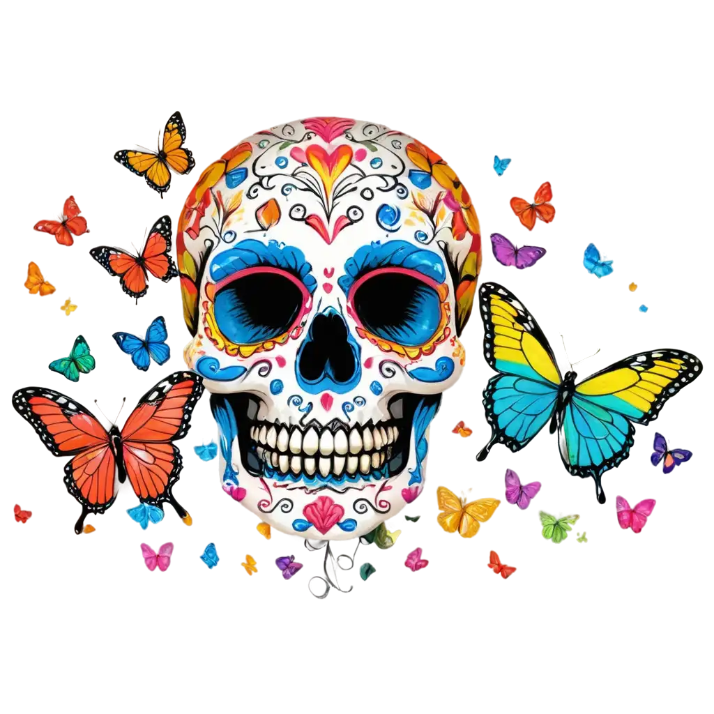 Vibrant-Colorful-Sugar-Skull-with-Butterflies-PNG-for-Stunning-Digital-Art-Applications