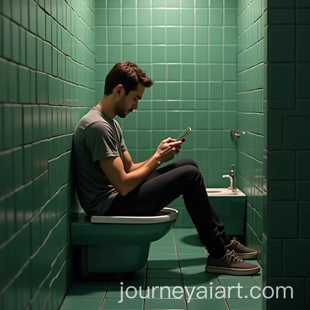 Man-Sitting-in-Bathroom-on-Toilet-Viewing-Phone-with-Green-Tiles