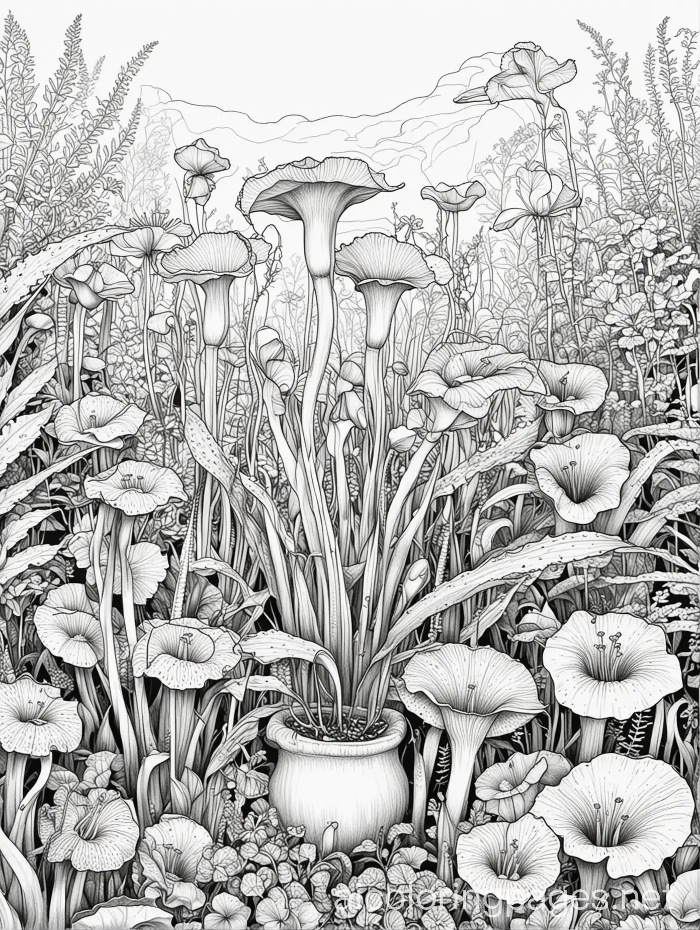 Carnivorous-Plants-Coloring-Page-Black-and-White-Line-Art