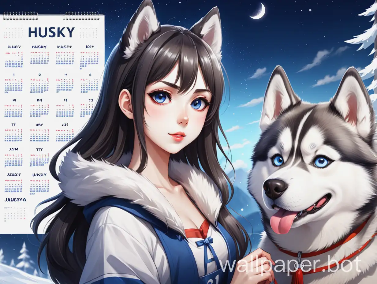 beautiful anime girl and husky with calendar