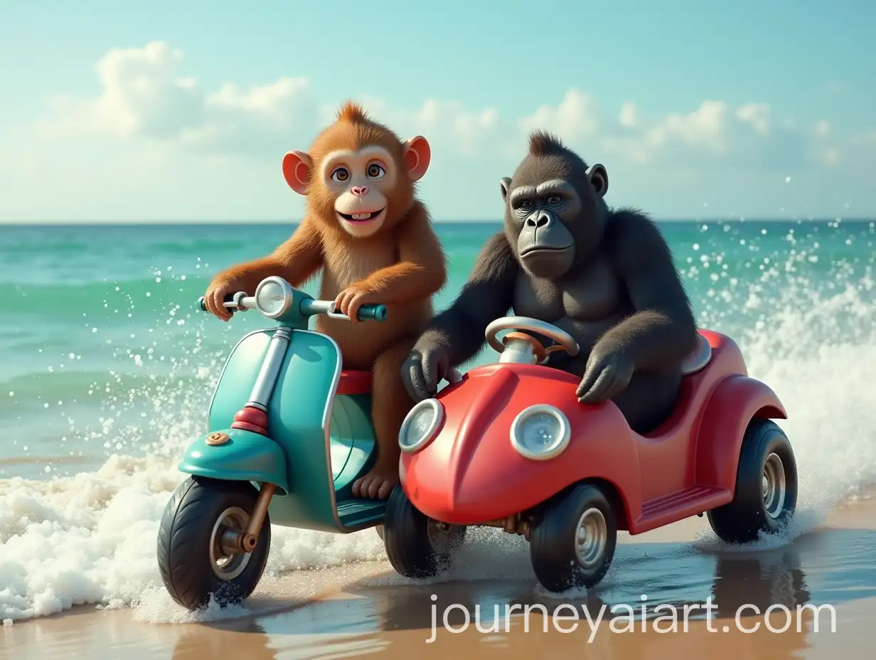 Monkey-on-Scooter-Racing-Alongside-Gorilla-in-Red-GoKart-by-the-Sea