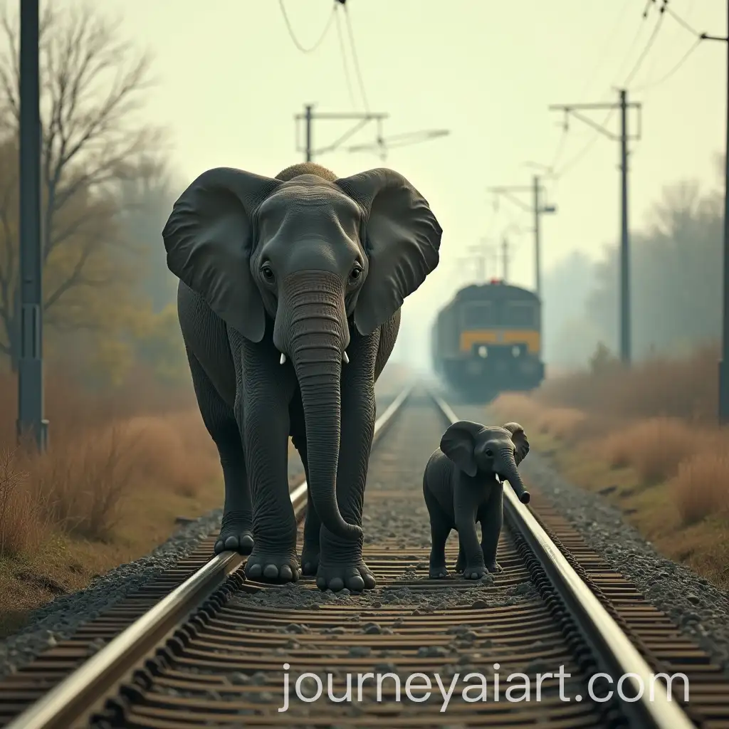 Elephant-Holding-Baby-on-Railway-Track-with-Speeding-Train-in-Cinematic-Atmosphere