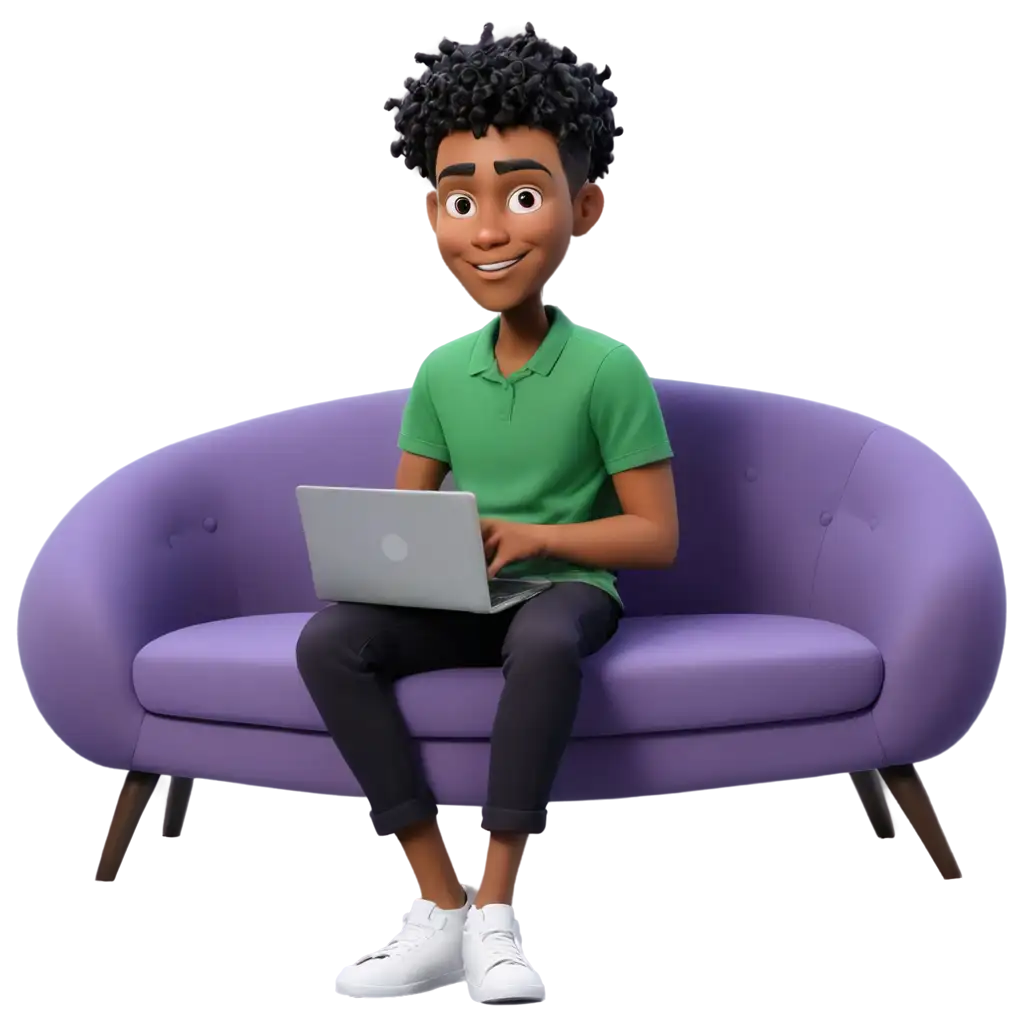 Young-Black-Man-on-Purple-Sofa-Holding-Laptop-PNG-Cartoon-Style-with-Transparent-Background