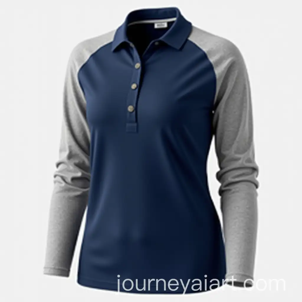 Womens-Navy-Blue-Raglan-Polo-Shirt-with-Grey-Long-Sleeves