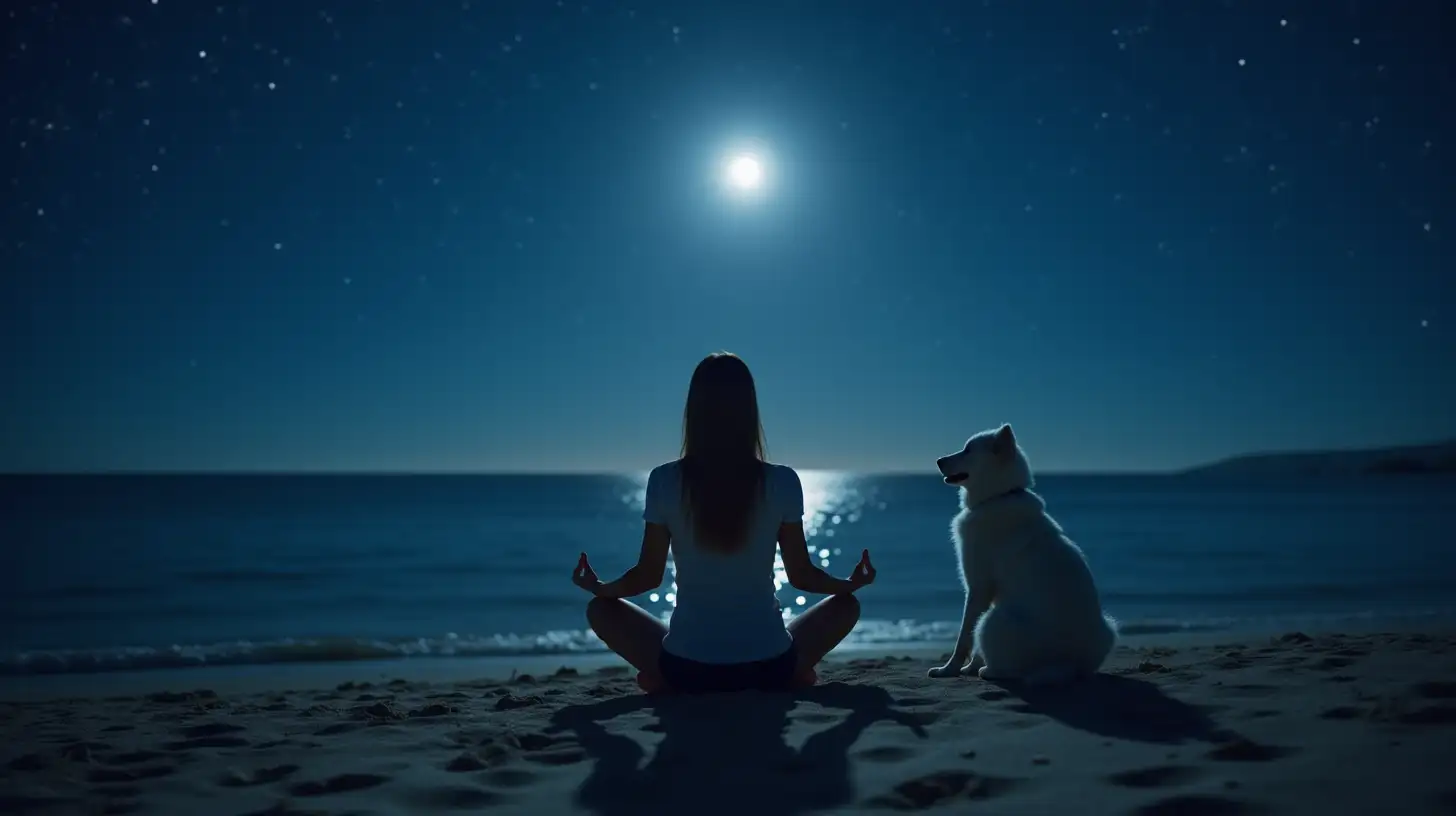 Meditation by the Sea Woman and White Dog under Starlit Sky